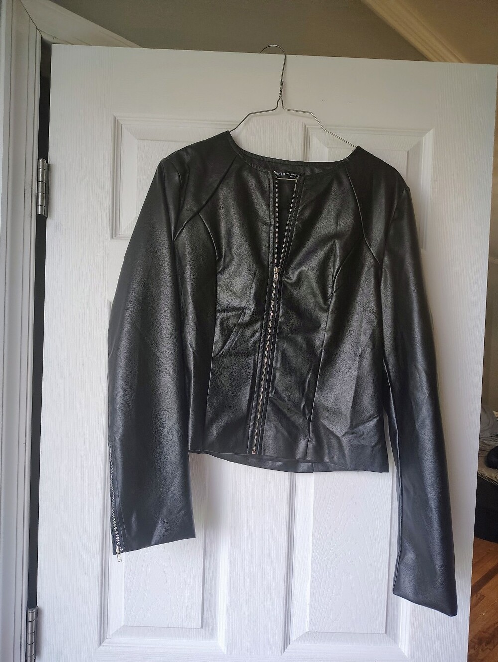 SHEIN Black Faux Leather Moto Zip Jacket L